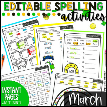 Preview of March Spelling Worksheets and Practice Editable Spelling Activities for Any List