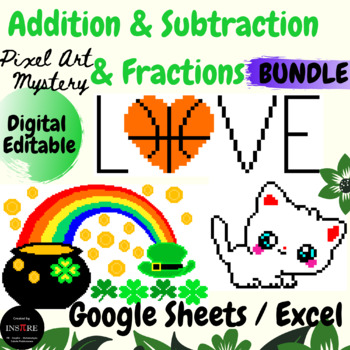 Preview of March Spring Math BUNDLE - Pixel Art Mystery Addition & Subtraction & Fractions
