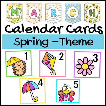 March Spring-Theme Calendar Numbers Cards, Spring Pocket Chart Bulletin ...