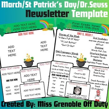 Preview of Editable Newsletter Template | March, St Patricks Day, Dr Seuss | For Parents
