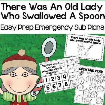 Preview of December Sub Plans There Was An Old Lady Who Swallowed A Spoon