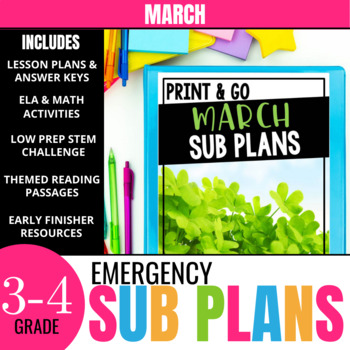 Preview of March Sub Plans for 3rd & 4th Grade: Ready-to-go lesson plans & activities