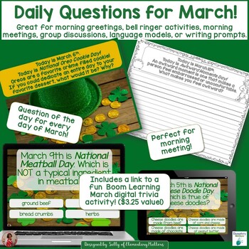 Preview of Morning Meeting Discussions and Daily Writing Prompts and Questions - March