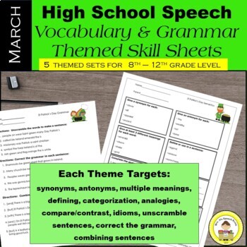 Preview of High School Speech Therapy  Vocabulary and Grammar Skill Sheets ~ March Set