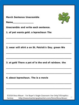 march sentence unscramble activity for kids task cards and worksheet