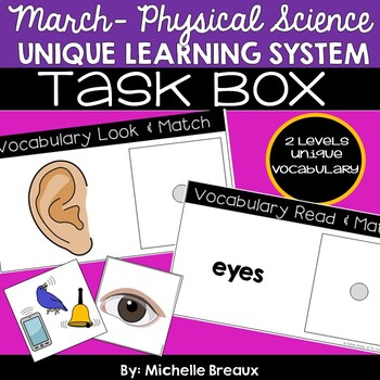 Preview of March Unique Learning System Light & Sound Unit 22--Vocabulary Task Cards