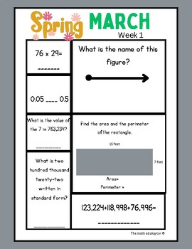 Preview of 4th Grade Math Spring March Weekly Review Worksheet Packet/Spiral Review