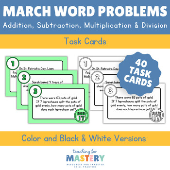 Preview of March Word Problems Task Cards: Addition, Subtraction, Multiplication & Division