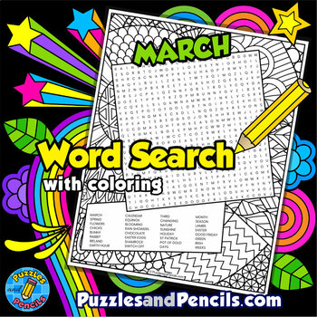 Preview of March Word Search Puzzle Activity with Coloring | March Wordsearch Puzzle
