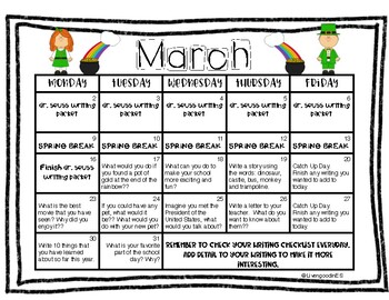 March Writing Prompt Calendar by Livengood in Elementary School | TpT