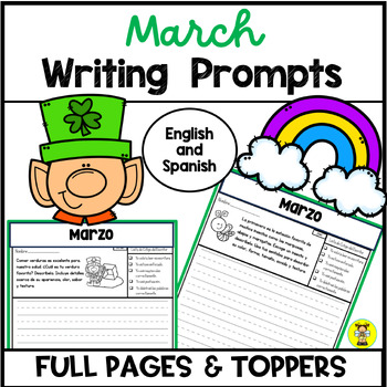 Preview of March Writing Prompts & Page Toppers in English & Spanish - Full Pages