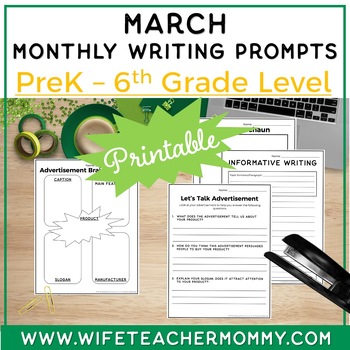 Preview of March Writing Prompts for PreK-6th Grades PRINTABLE  | St. Patrick's Writing
