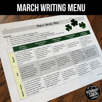 Preview of March Writing for Teens: Choice Menu with 40 Prompts and More