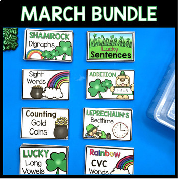 Preview of March task cards - morning tubs St. Patrick's Day Leprechaun games math phonics