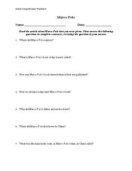 Preview of Marco Polo Article (Reading Level 2) Comprehension Worksheet