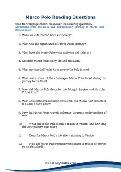 Preview of Marco Polo Reading Questions Worksheet