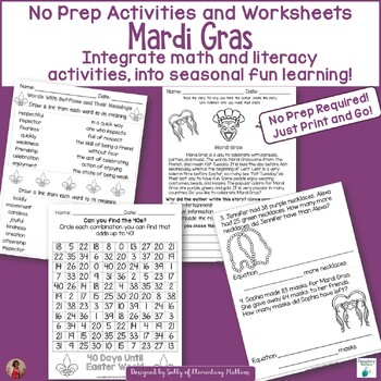 Preview of Mardi Gras Activities  No Prep for Literacy and Math 2nd Grade