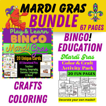 Preview of Mardi Gras Extravaganza Bundle: 20 Bingo Cards, 30 Educational Topics + Crafts
