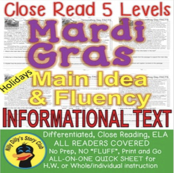 Preview of Mardi Gras FACTS Close Read 5 Level Passage Differentiated SAME CONTENT/VOCAB