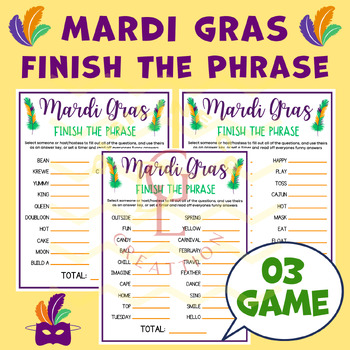 Preview of Mardi Gras Finish the Phrase activity word problem crossword middle high school