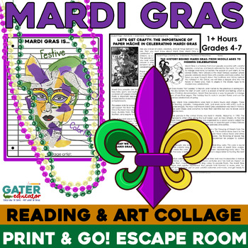 Preview of Mardi Gras Craft & Reading Comprehension Passages Escape Room