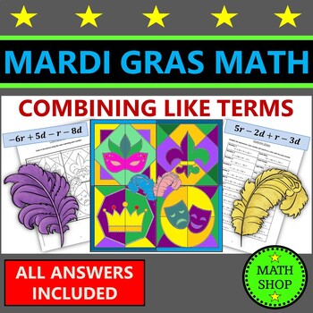 Preview of Mardi Gras Math Coloring Activities Combining Like Terms Fun Math