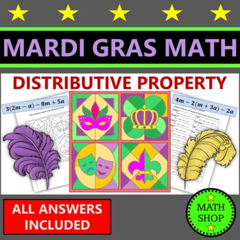 Preview of Mardi Gras Math Coloring Distributive Property Combining Like Terms Algebra