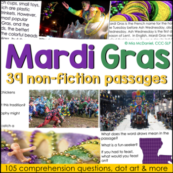 Preview of Mardi Gras Reading Comprehension | 39 Non-fiction Passages & 105 Questions