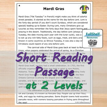 Mardi Gras Reading Comprehension February Passage Activities 4th 5th ...