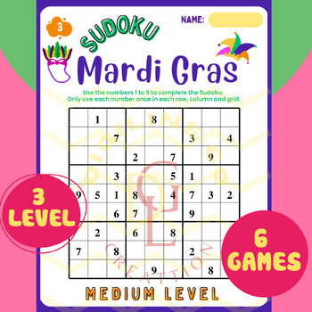 Preview of Mardi Gras SUDOKU critical thinking morning work math activities middle 7th 8th