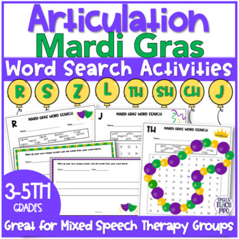 Preview of Mardi Gras Speech Therapy Word Search Activities  |  R S Z SH CH J TH L