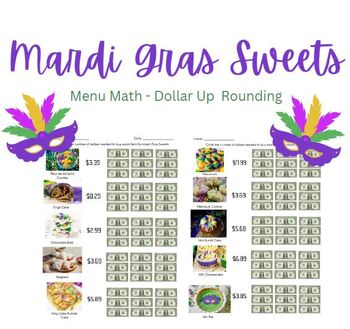 Preview of Mardi Gras Sweets Dollar Up - Menu Math | Rounding & Bar Graphs