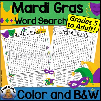 Preview of Mardi Gras Word Search Puzzle - Hard Activity for Grades 5 to Adult