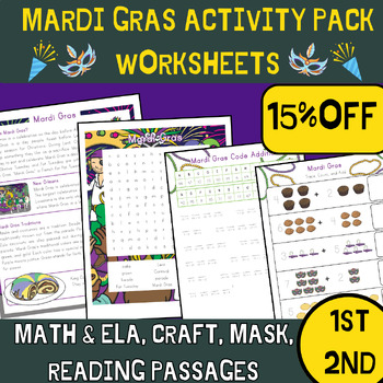Preview of Mardi Gras activity Pack worksheets, Math & ELA, craft, mask, Reading Passages
