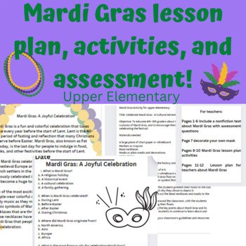 Preview of Mardi Gras lesson plans, activity, Nonfiction text, assessment! 4th 5th 6th