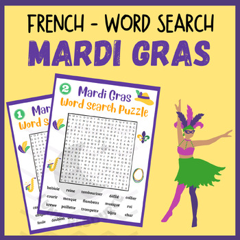 Preview of Mardi Gras word search problem worksheets FRENCH FRANÇAISE crossword activities