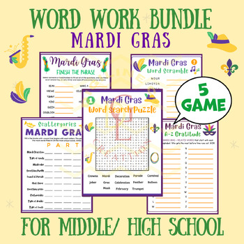 Preview of Mardi Gras word work BUNDLE phonics centers word scramble main idea middle 9th