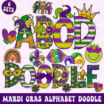 Preview of Mardi gras doodle letters png, mardi gras clip art, mardi gras letters bundle