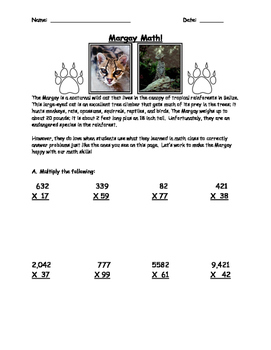 Preview of Margay Math (Multiplication Practice Sheet w/ Rain Forest Tie-In)