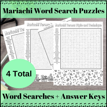 Preview of Mariachi Word Search Set of 4- Testing Season Activity- Sub Friendly- Vocab