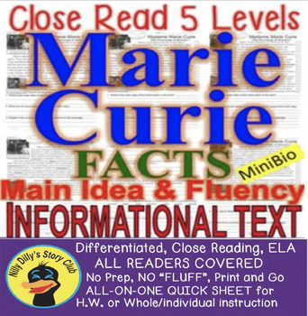 Preview of Marie Curie CLOSE READING 5 LEVELED PASSAGES Main Idea Fluency Check TDQs & More