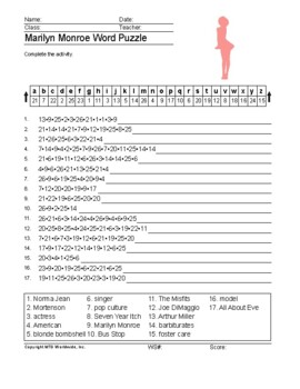Marilyn Monroe Word Search Worksheet and Vocabulary Puzzles by Lesson