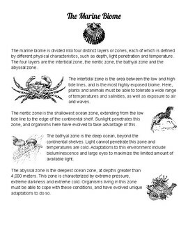 Marine Biology: Marine Biome Zones Reading W/ Questions & Vocabulary