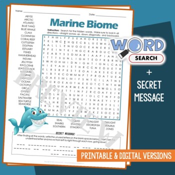 Preview of Biome/Ecosystem: Saltwater Marine Word Search Animal Habitat Activity Worksheet