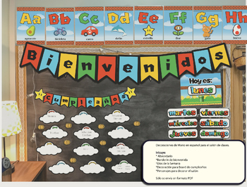 Preview of Mario Bros Themed Class Decorations - Spanish Alphabet, Days of the week, and +