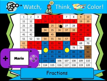 Preview of Mario Inspired Fractions Practice - Watch, Think, Color Mystery Pictures