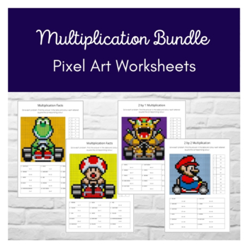 Preview of Mario Kart Multiplication Pixel Art Colouring Worksheet Bundle