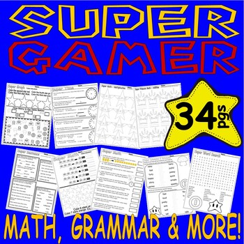 Preview of Mario Super Gaming Gamer Activities Math Grammar Spelling Time Worksheets