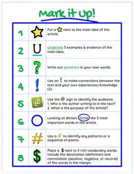 Preview of Mark It Up Reading Strategy Poster & Student Bookmarks