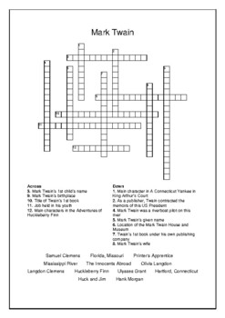 Mark Twain Author Study Crossword Puzzle and Word Search Bell Ringer